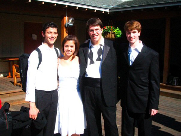 Sam Almaguer (clarinet), Molly Yeh (percussion), Nathan von Trotha (percussion), and Chris Pell (clarinet) before their last orchestra concert in the summer of 2007. 