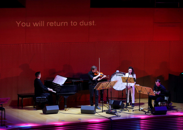 Nico Muhly, piano; Andrew Tholl, violin; Shara Worden, voice; Gyan Riley, guitar; photo courtesy Mathew Imaging