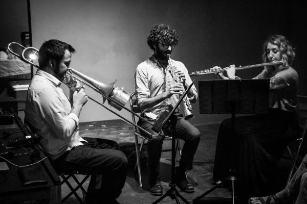 Trios (White on White) (1963) - Matt Barbier (trombone), Casey Anderson (saxophone), Christine Tavolacci (flute). Photo Credit: Eron Rauch