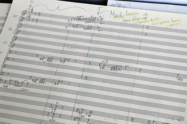 A page of orchestra score manuscript showing some flute and bassoon melodies.