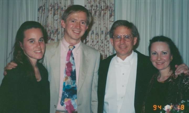 David Maslanka and Stephen K. Steele (center left and right) with organist Karen Collier and timpanist Karen Cole following our first performance of Symphony No. 4 in November 1994.