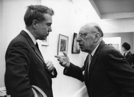 Elliott Carter with Igor Stravinsky at the Galerie International on Madison Avenue, NYC May 1, 1962