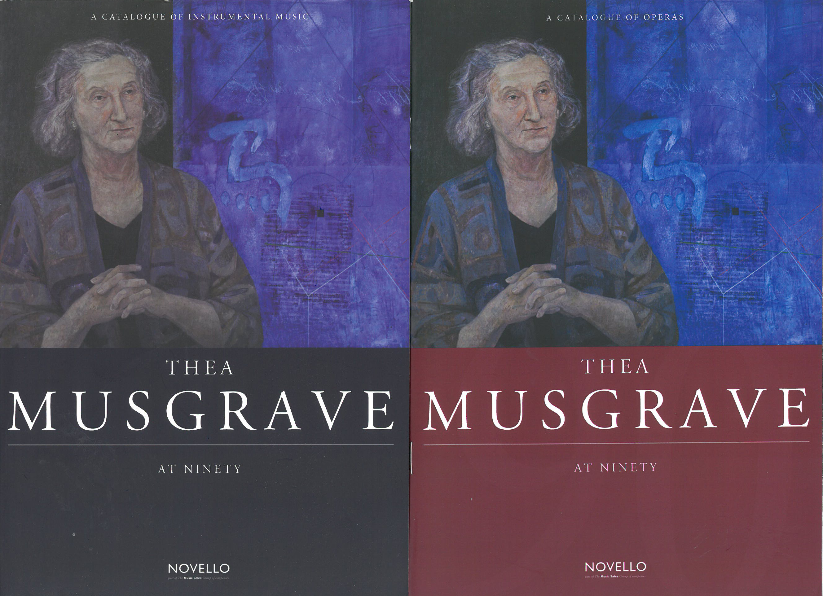 The covers for Novello's two Thea Musgrave at Ninety catalogs--one for instrumental works and one for operas.