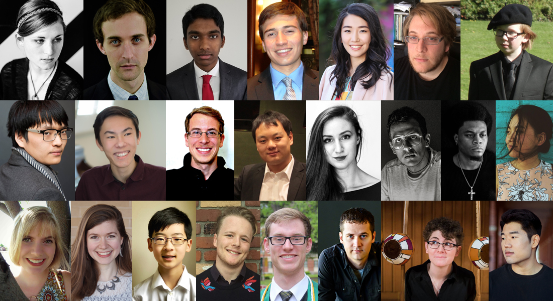 A composite image of all 17 winners and 6 honorable mentions in the 2018 ASCAP Foundation Morton Gould Young Composer Awards.