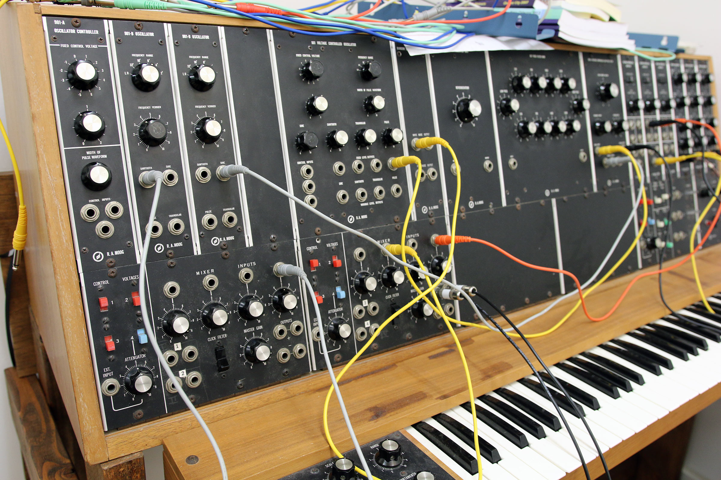 A vintage patch cord analog synthesizer at Daria Semegen's electronic music studio at Stony Brook University.