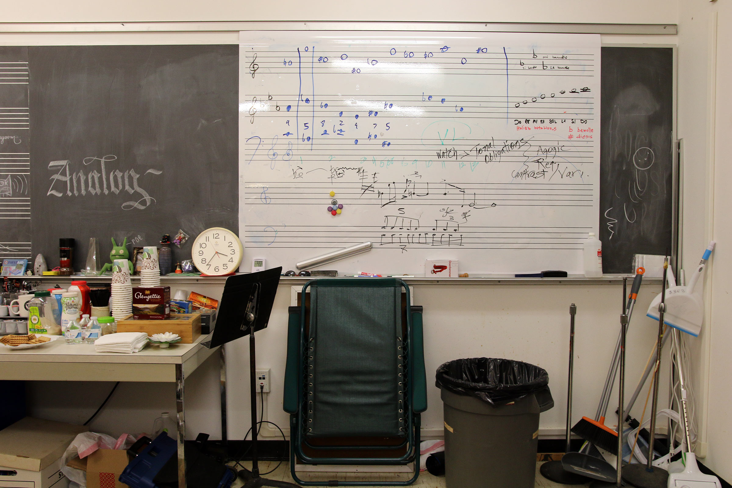 The whiteboard in Daria Semegen's electronic music studio at Stony Brook University which includes the phrase 