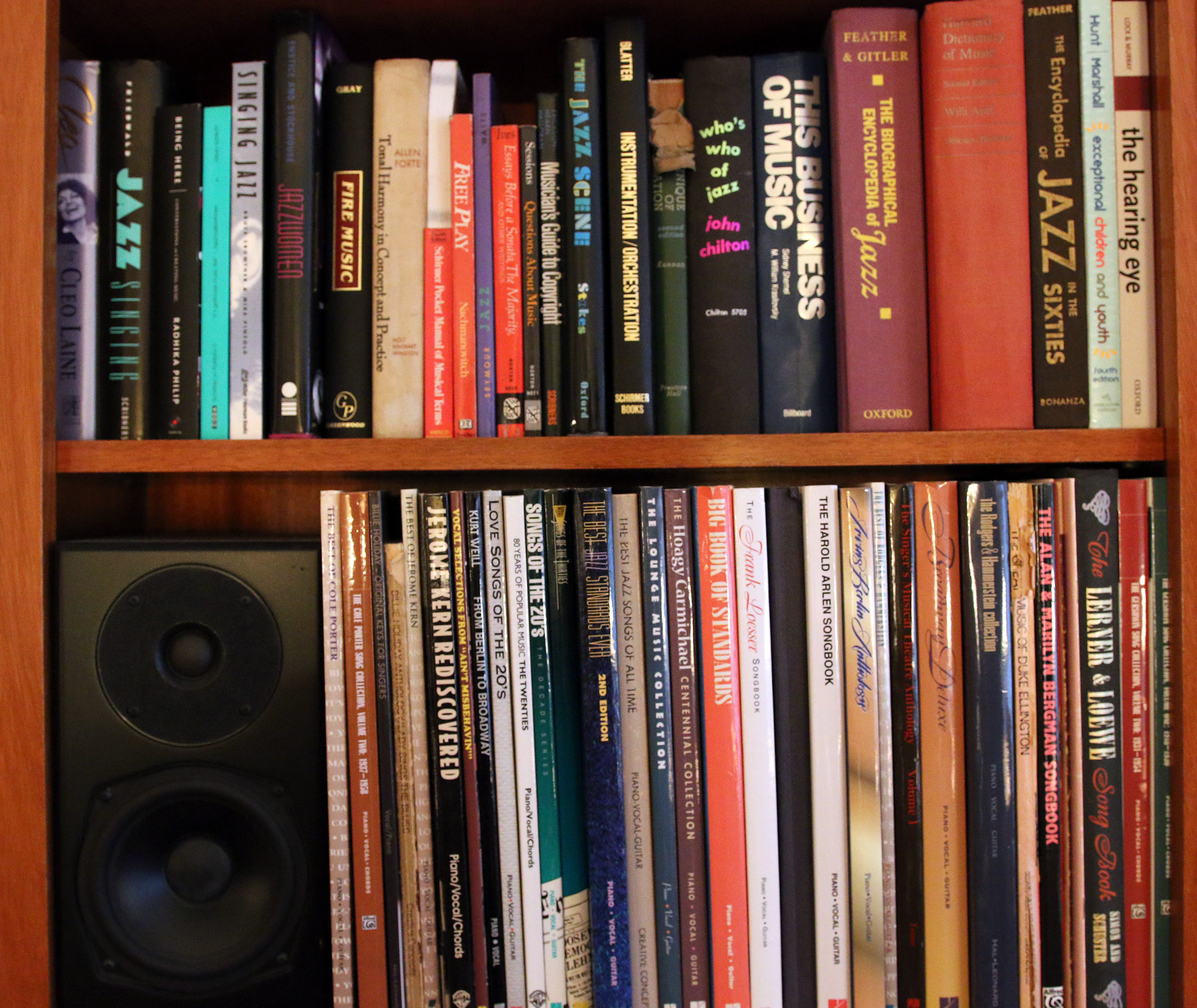 Two shelves in Jane Ira Bloom's living room reveal some of the sheet music and books that have been important to her.