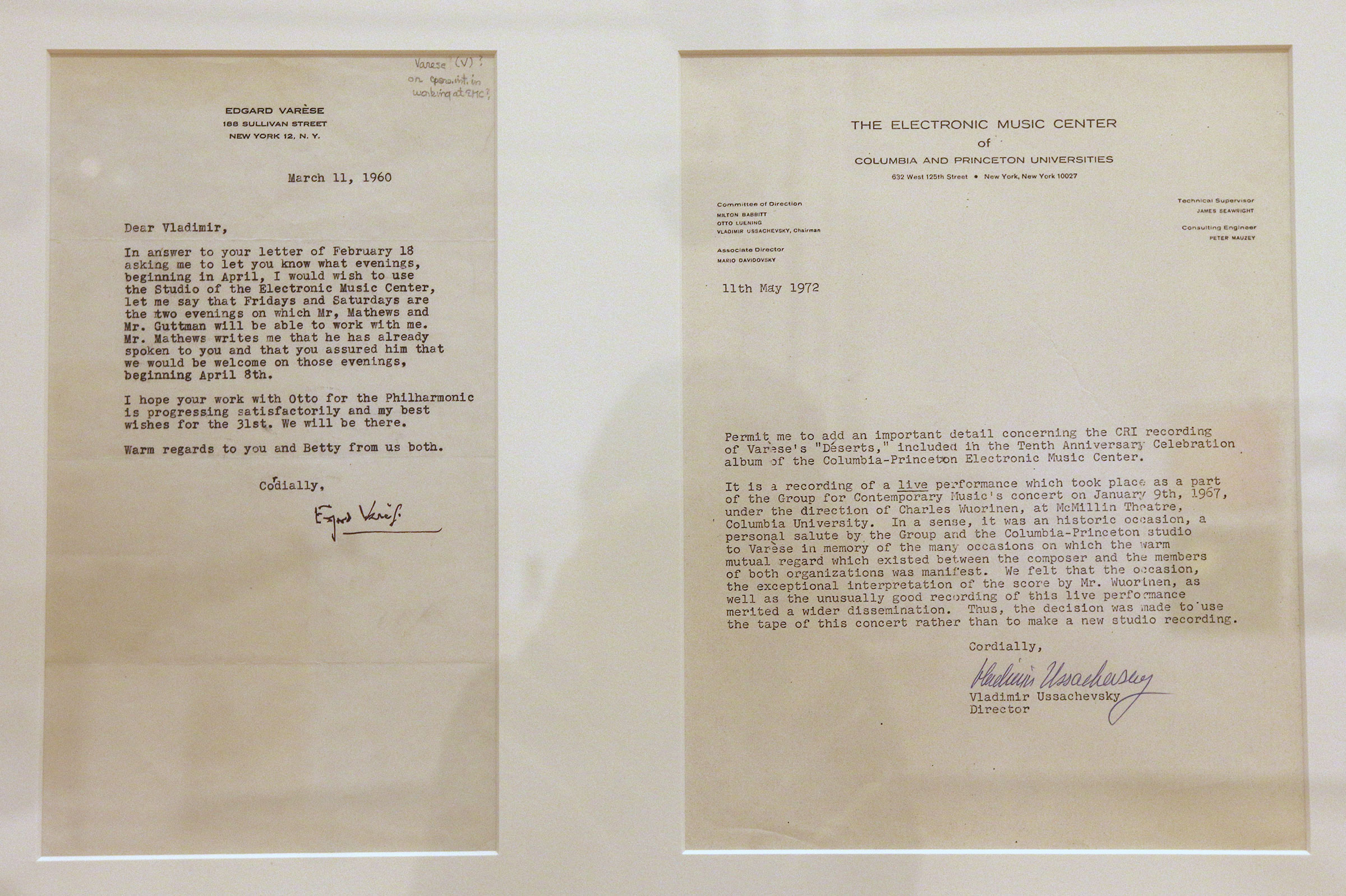 Two letters documenting Edgard Varèse's connection to Bell Labs 