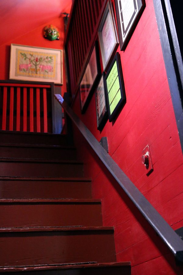 The staircase leading upstairs to the attic where Juliana Hall's composition studio is.