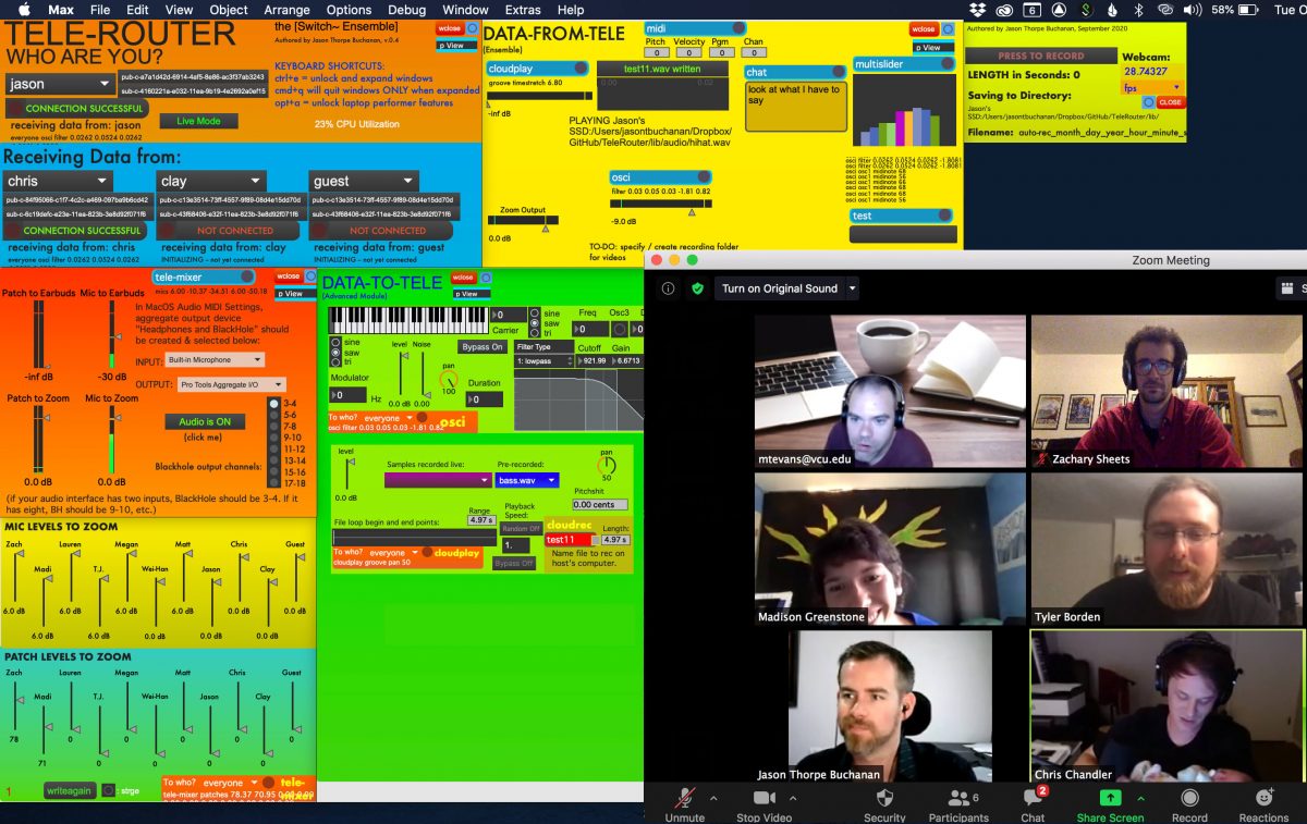 A screenshot from a telematic performance by the [Switch~ Ensemble] showing members of the ensemble in separate locations and program notes.